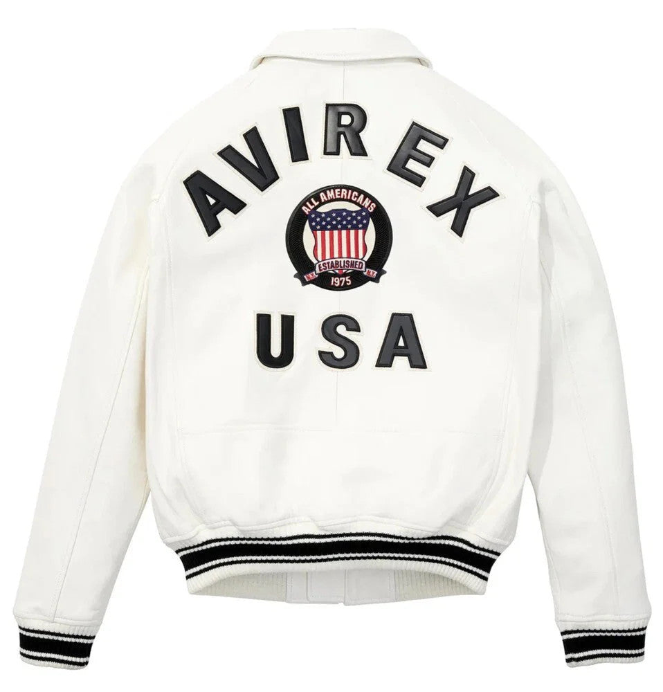 Mens Avirex White Leather Jacket Bomber American Flight Jacket USA