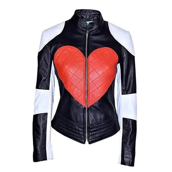 Kylie Minogue Inspired Love Heart Biker Jacket Black White Leather Retro Style