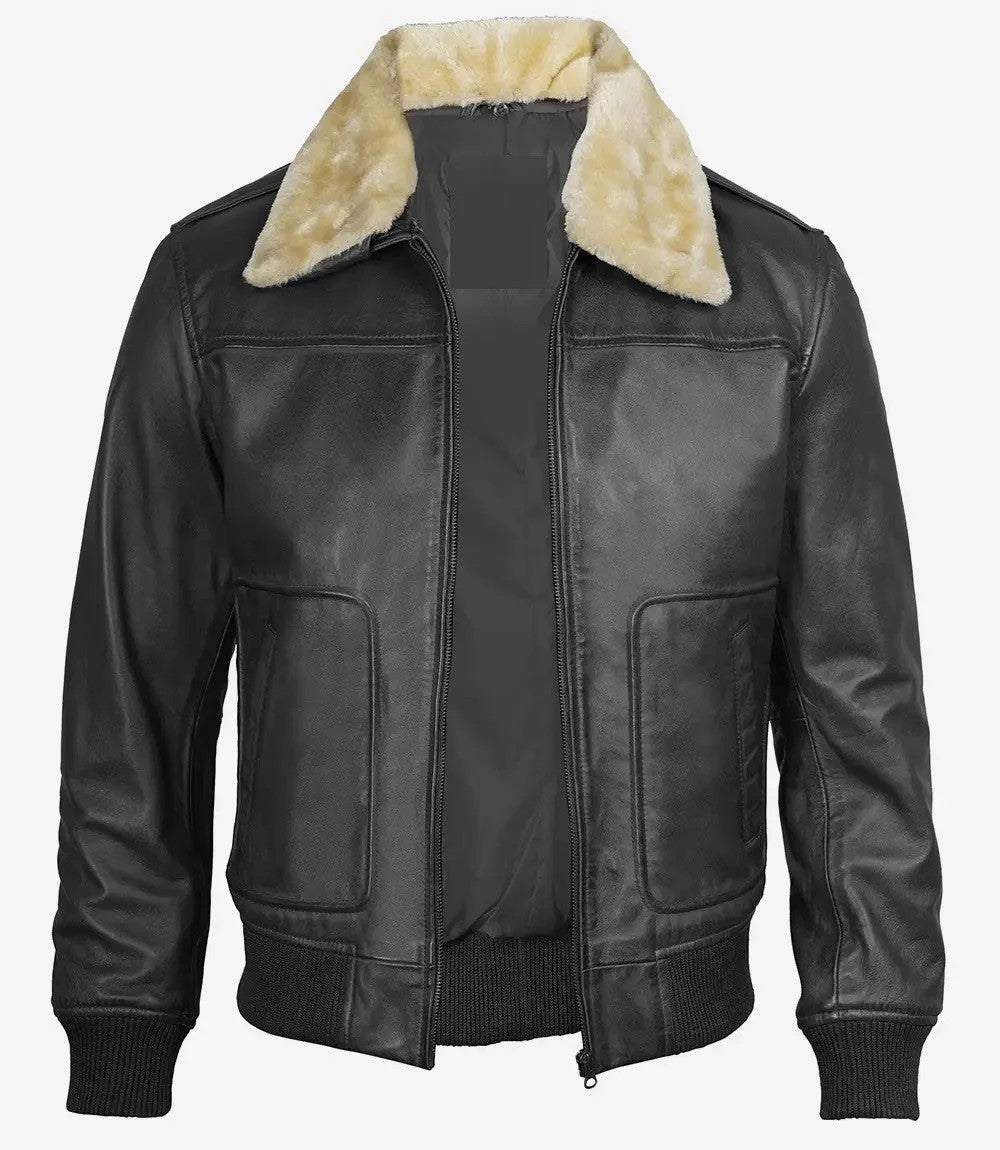 Mens Classic Black Leather Bomber Fur Collar and Tactical Streetwear Look