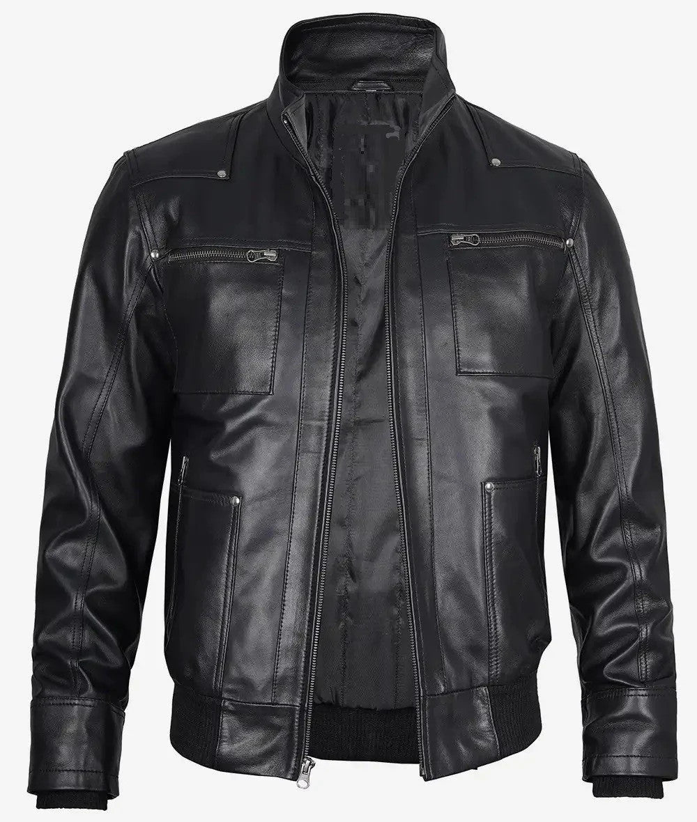 Mens Black Leather Bomber Jacket, Street-Ready Look with Removable Hood
