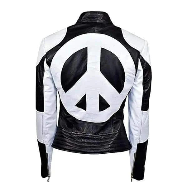 Kylie Minogue Inspired Love Heart Biker Jacket Black White Leather Retro Style