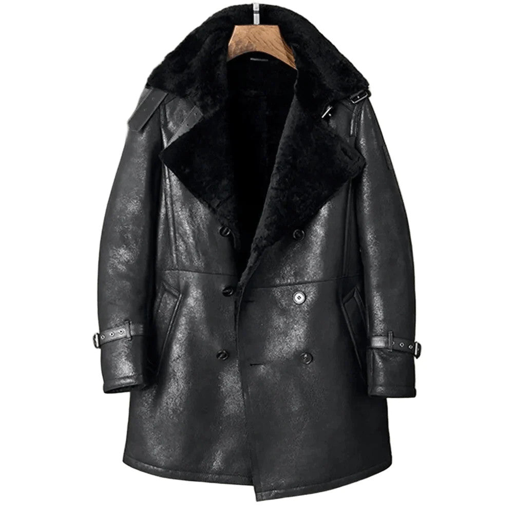 Mens Black Iron Winter Leather Coat with Fur Collar and Tactical Buckles