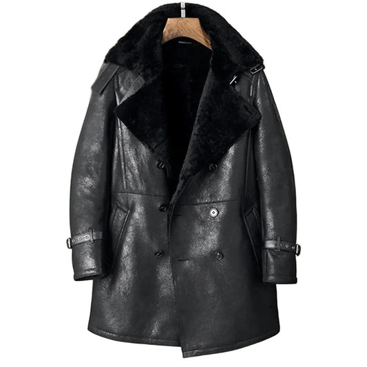 Mens Black Iron Winter Leather Coat with Fur Collar and Tactical Buckles