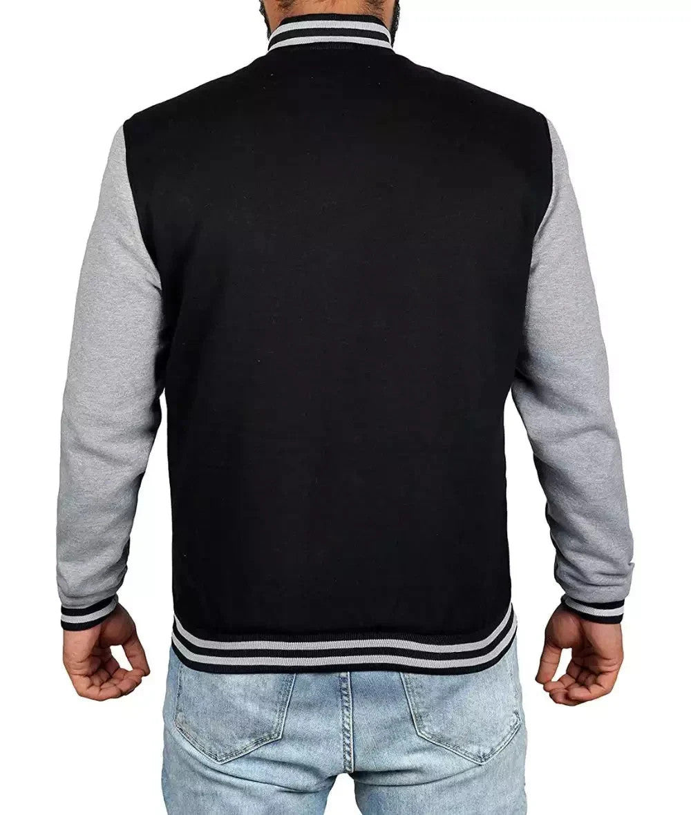 Mens Black Bomber Varsity Jacket, Grey Sleeves, Athletic Letterman Look