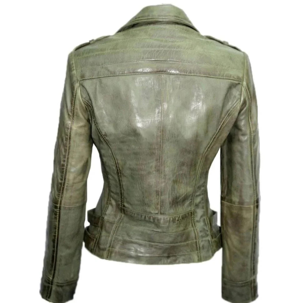 Verdant Vibe Womens Leather Jacket, Asymmetrical Zip, Distressed Green Hue