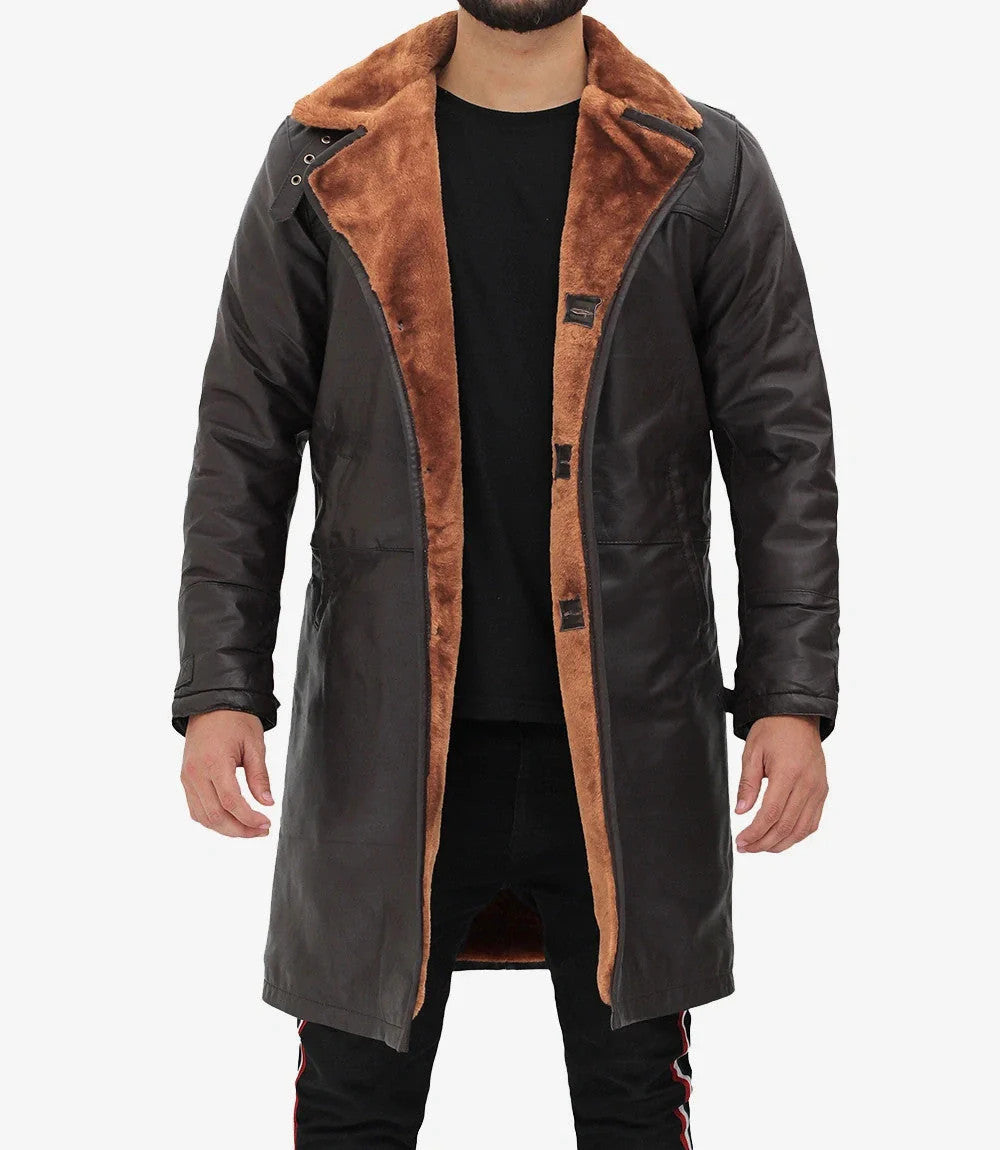 Mens Dark BrownLeather Fur Trimmed Coat, Warm Shearling Lined Overcoat