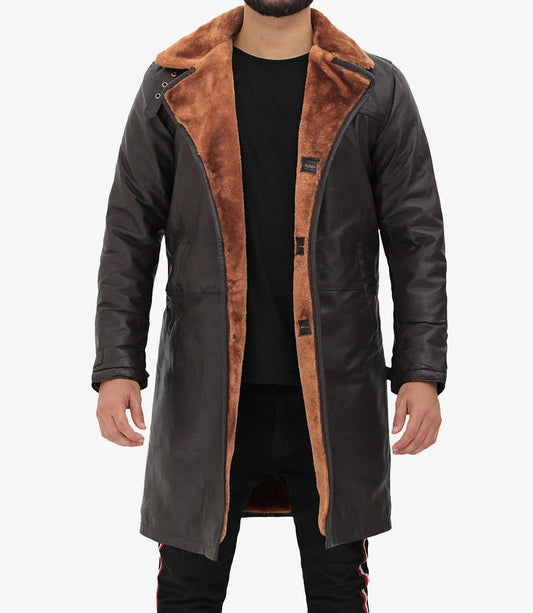 Mens Dark BrownLeather Fur Trimmed Coat, Warm Shearling Lined Overcoat