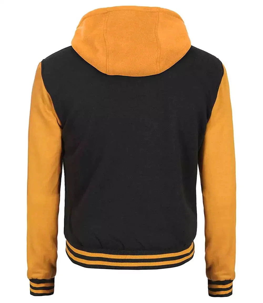Mens Yellow and Black Hooded Varsity Jacket, Classic College Letterman Style