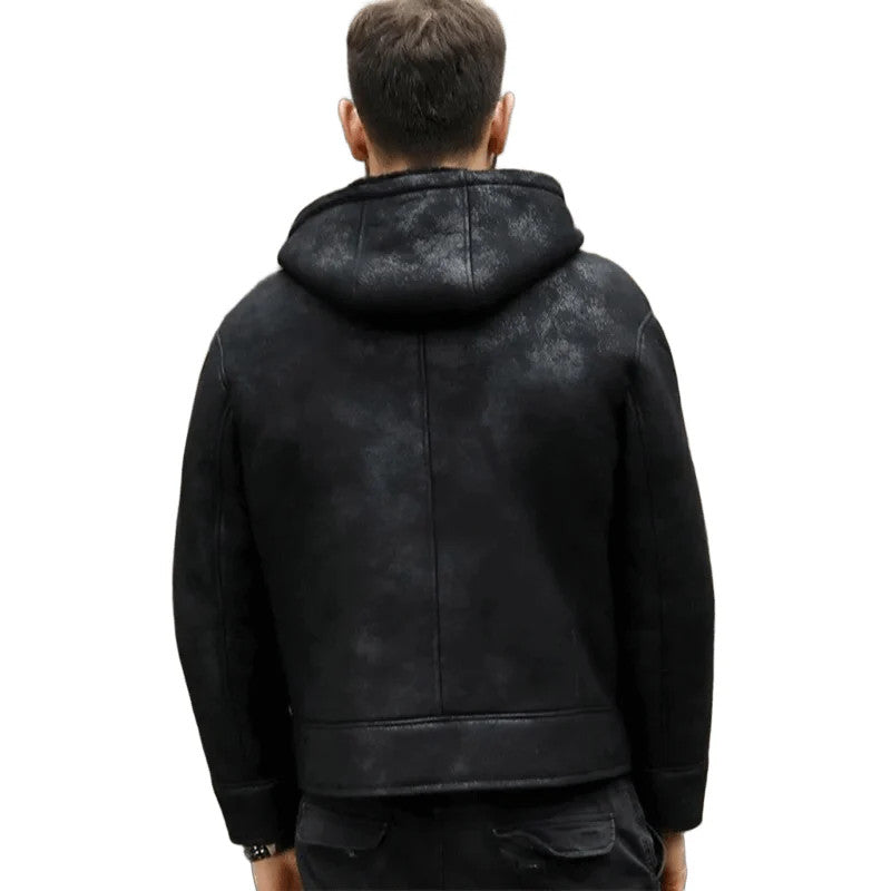Mens B3 Hooded Shearling Jacket Crack Leather Bomber, Black Fur Winter Coat