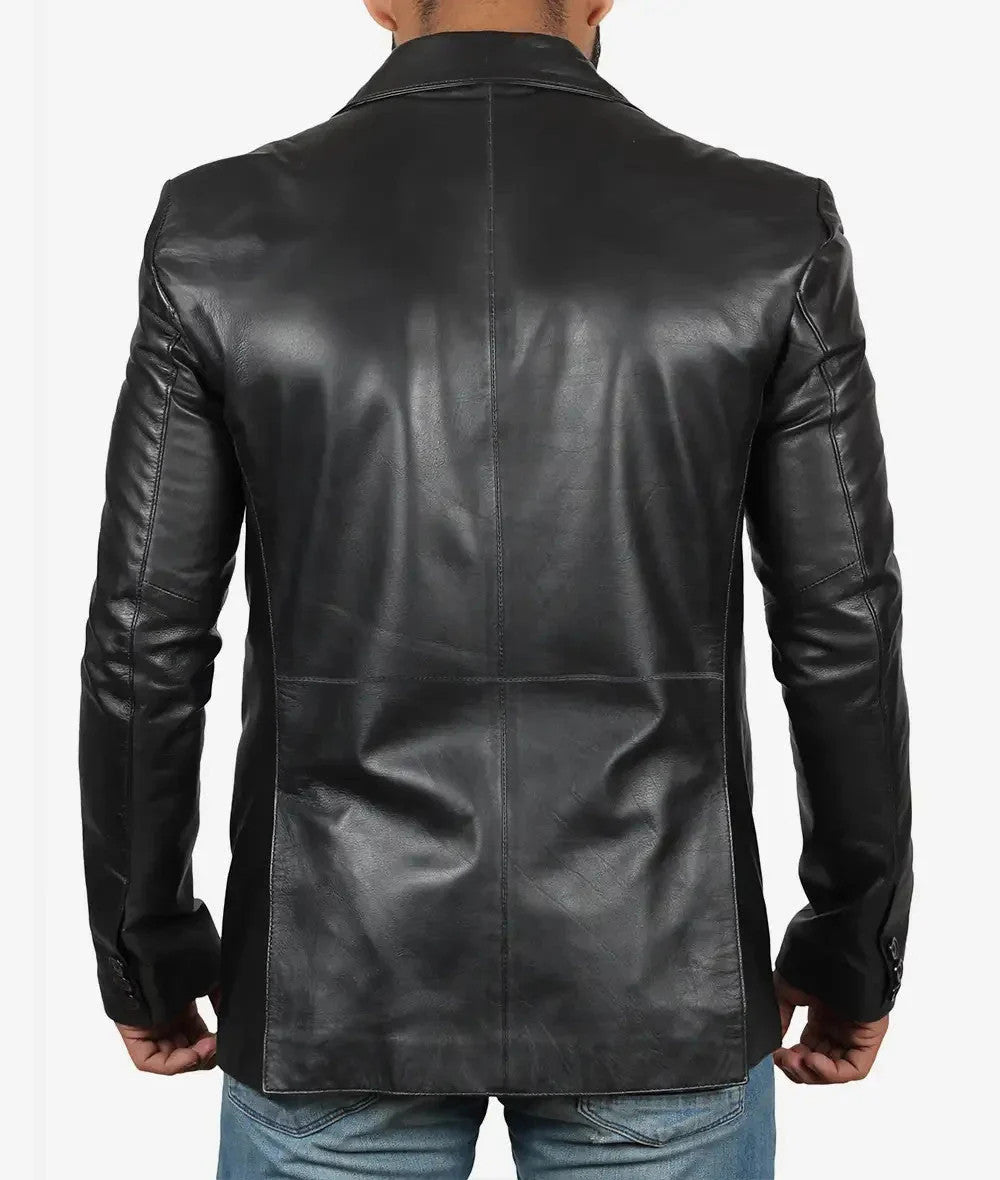 Black Leather Blazer for Tall Men, Two-Button Classic Urban Fit Jacket