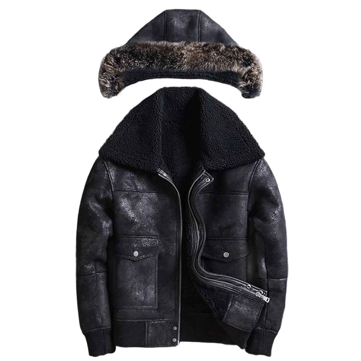 Shadow Squadron B3 Sheepskin Bomber Mens Hooded Fur Leather Jacket