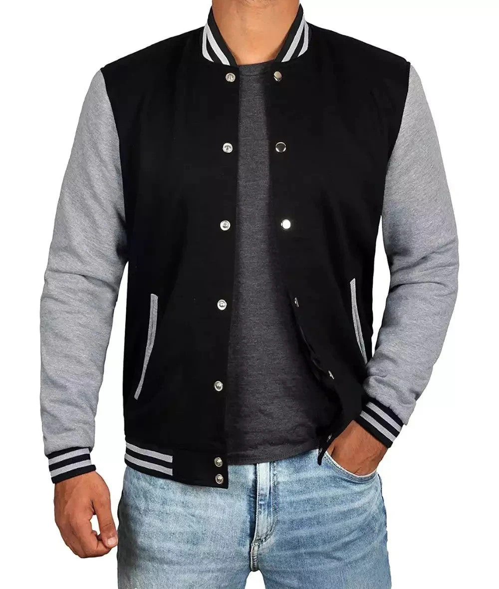 Mens Black Bomber Varsity Jacket, Grey Sleeves, Athletic Letterman Look