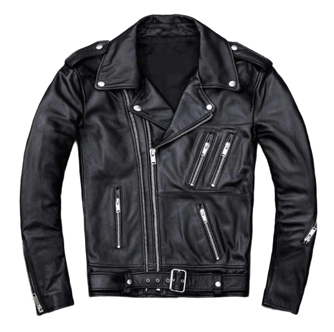 Mens Black Brando Negan Biker Lapel Collar Moto Rider Slim Fit Leather Jacket