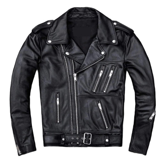 Mens Black Brando Negan Biker Lapel Collar Moto Rider Slim Fit Leather Jacket