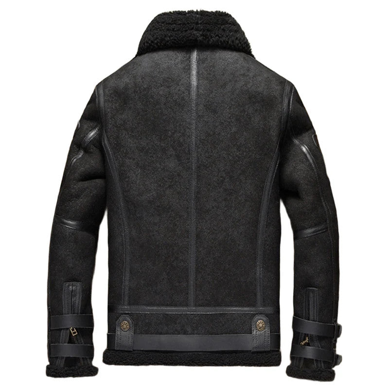 Crackhide B3 Aviator Mens Shearling Pilot Jacket in Distressed Black Leather