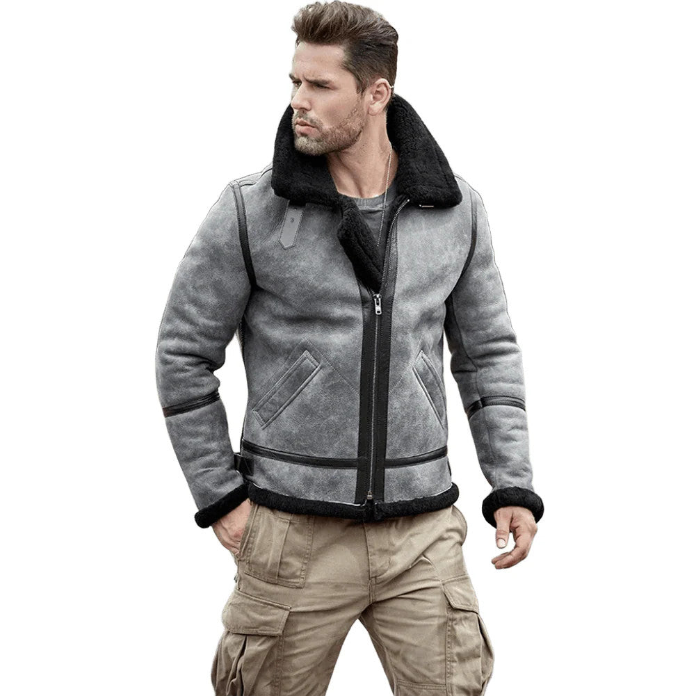 Icebound Alpha Sheepskin Aviator Jacket Grey Leather Bomber, Mountain Recon Fit