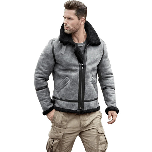 Icebound Alpha Sheepskin Aviator Jacket Grey Leather Bomber, Mountain Recon Fit