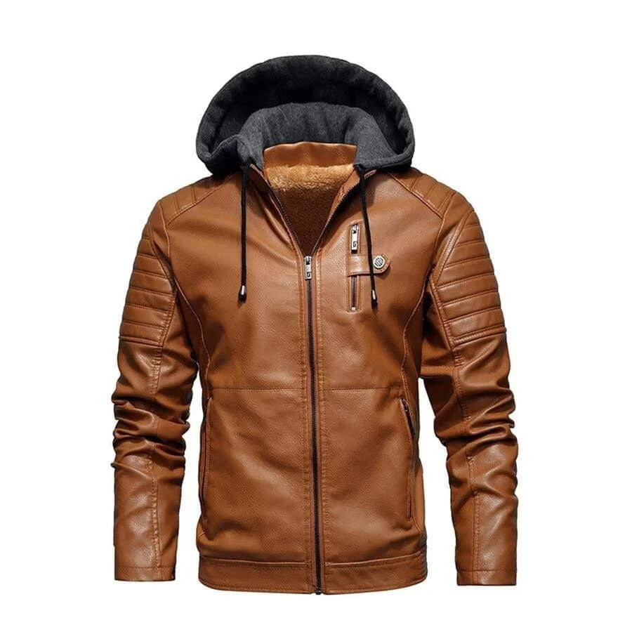 Mens Hooded Brown Leather Biker Jacket Slim Fit Bomber Style Coat