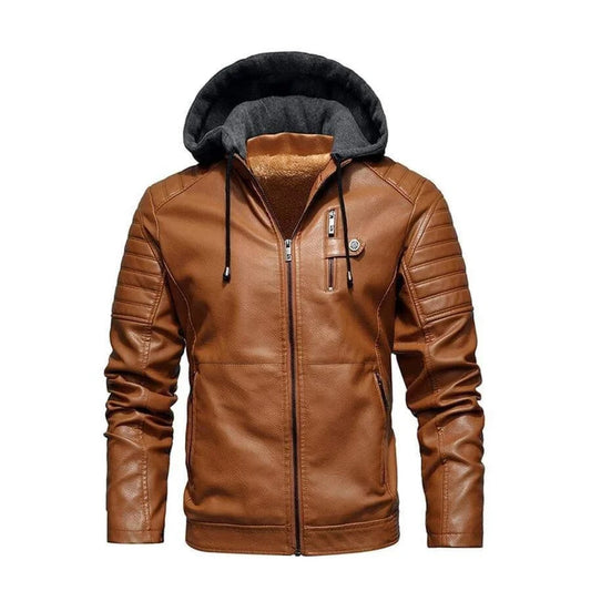 Mens Hooded Brown Leather Biker Jacket Slim Fit Bomber Style Coat