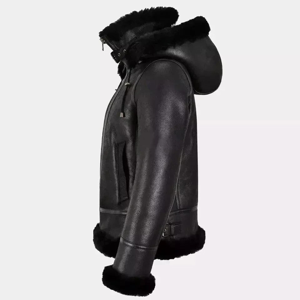 Womens Genuine Leather B3 Black Bomber Jacket Hooded Aviator Coat