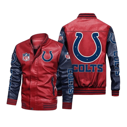 Indianapolis Colts Leather Bomber Jacket, NFL Biker Style with Sticker Patch