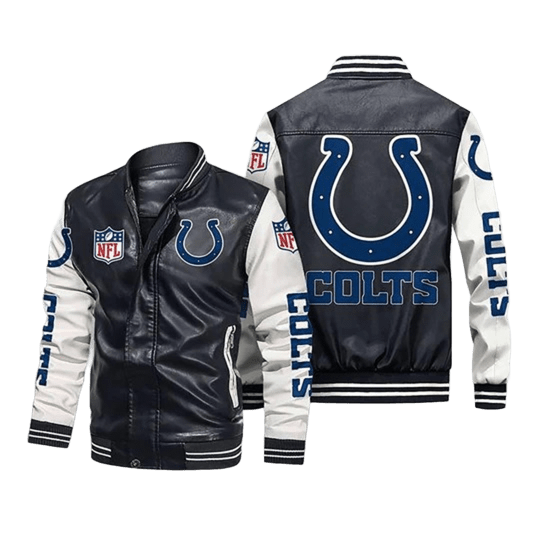 Indianapolis Colts Leather Bomber Jacket, NFL Biker Style with Sticker Patch