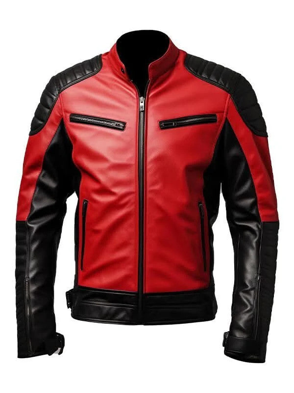Men’s Cafe Racer Red and Black Leather Biker Jacket Padded Shoulder