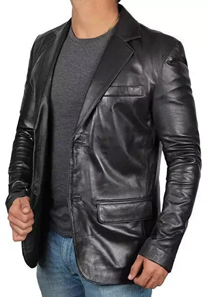 Black Leather Blazer for Tall Men, Two-Button Classic Urban Fit Jacket