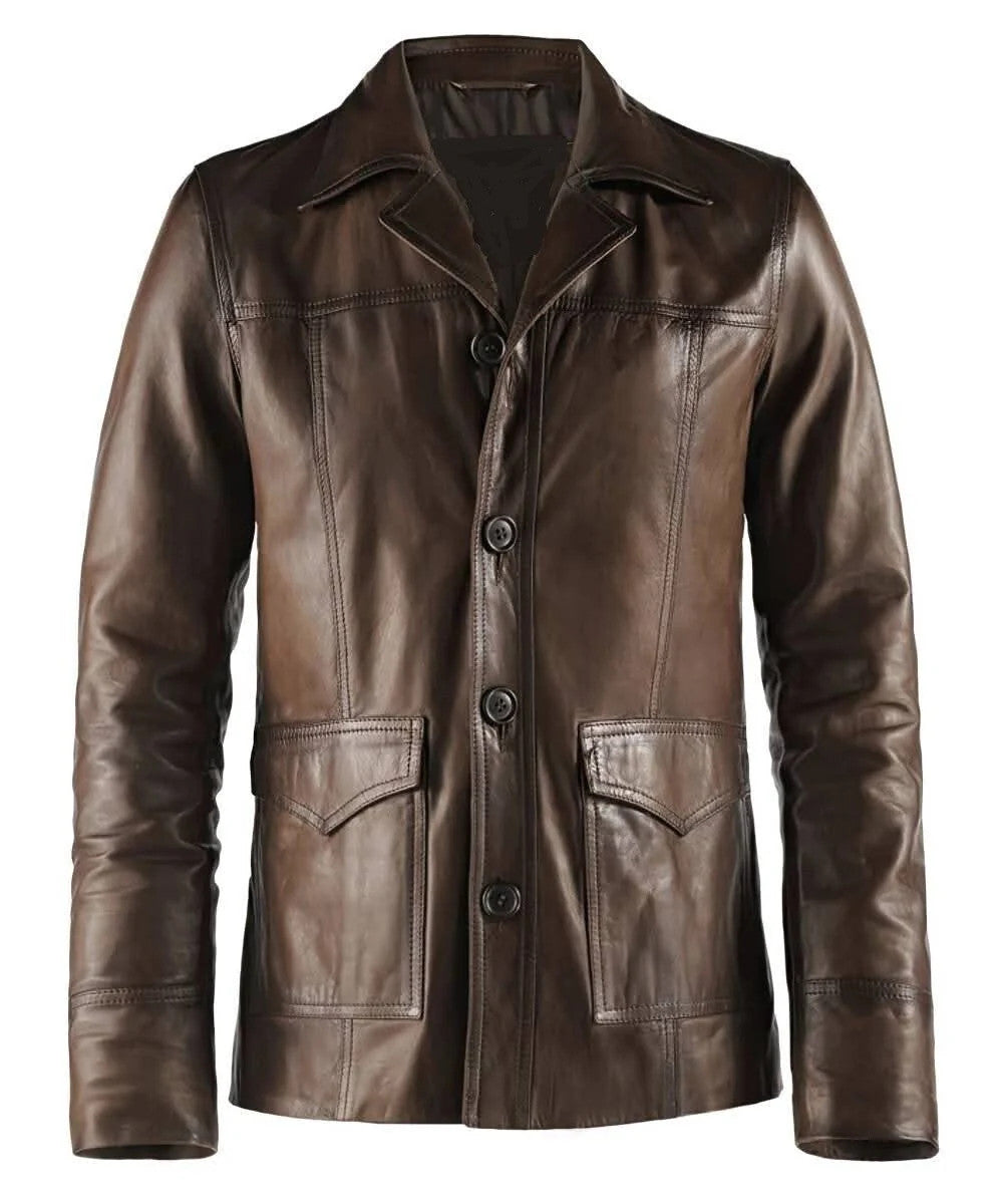 Men’s 70s Hitman Brown Leather Jacket, Vintage Look