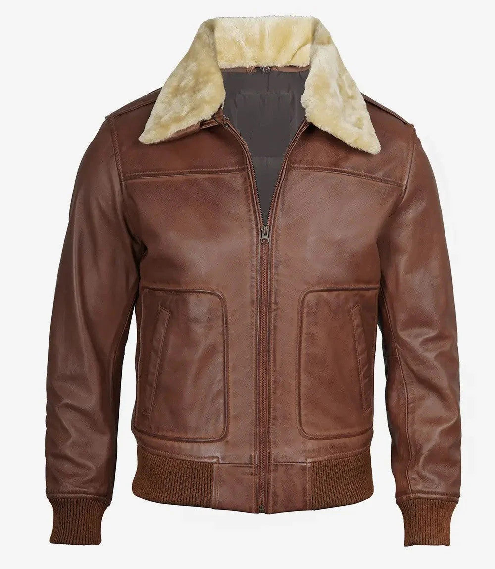Mens Cognac Leather Aviator Jacket, Classic Bomber Style with Fur Collar