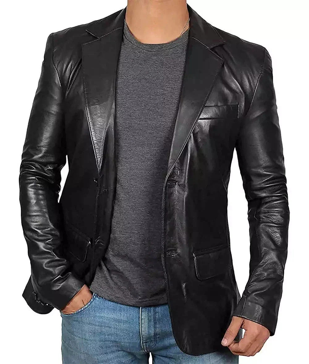 Black Leather Blazer for Tall Men, Two-Button Classic Urban Fit Jacket
