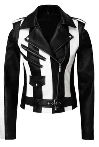 Beetlejuice Inspired Biker Jacket Black and White Striped Leather Style