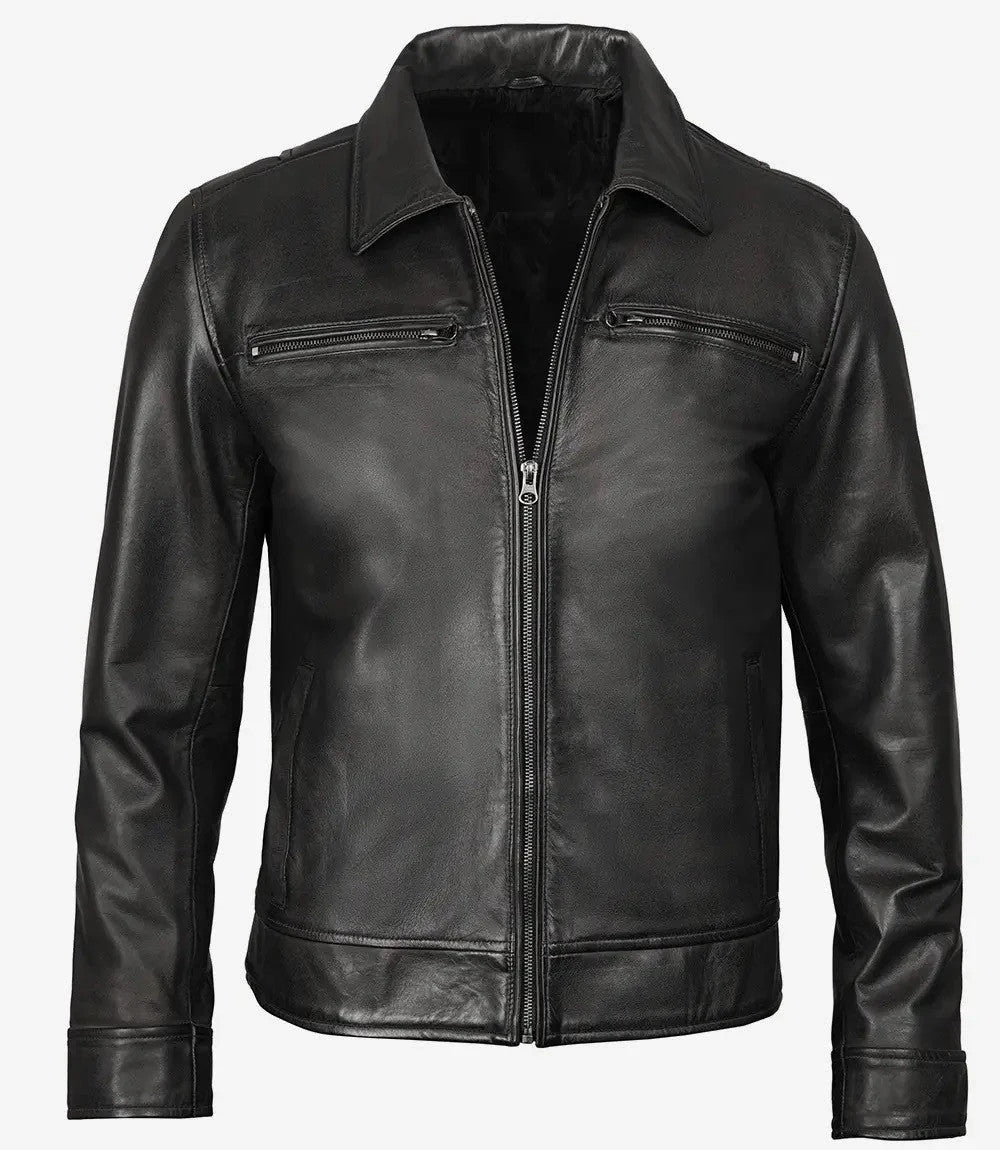 Black Shirt Collar Leather Jacket for Men, Timeless Cool Factor