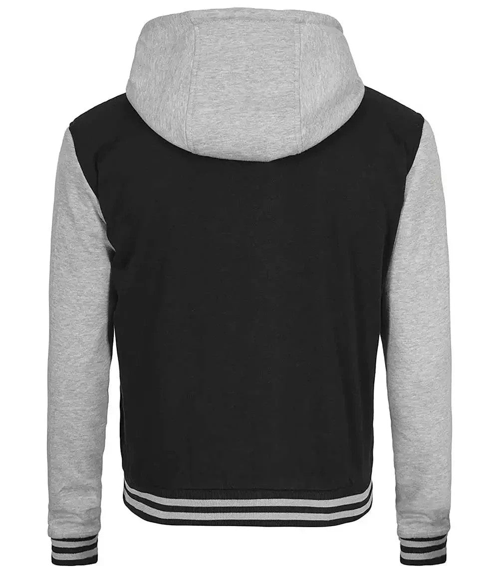Mens Hooded Varsity Jacket, Black and Grey Baseball-Inspired College Look