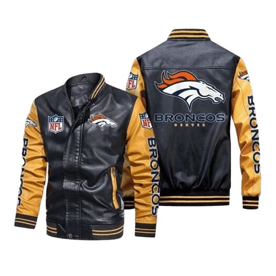 Denver Broncos NFL Leather Bomber Jacket, Mens Fan Gear with Sticker Patch