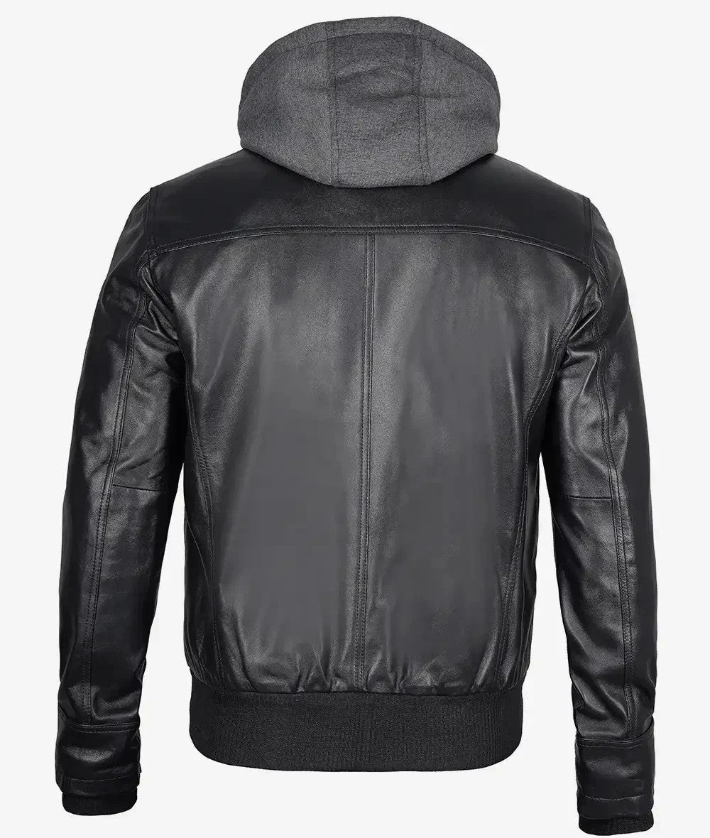 Mens Black Leather Bomber Jacket, Street-Ready Look with Removable Hood