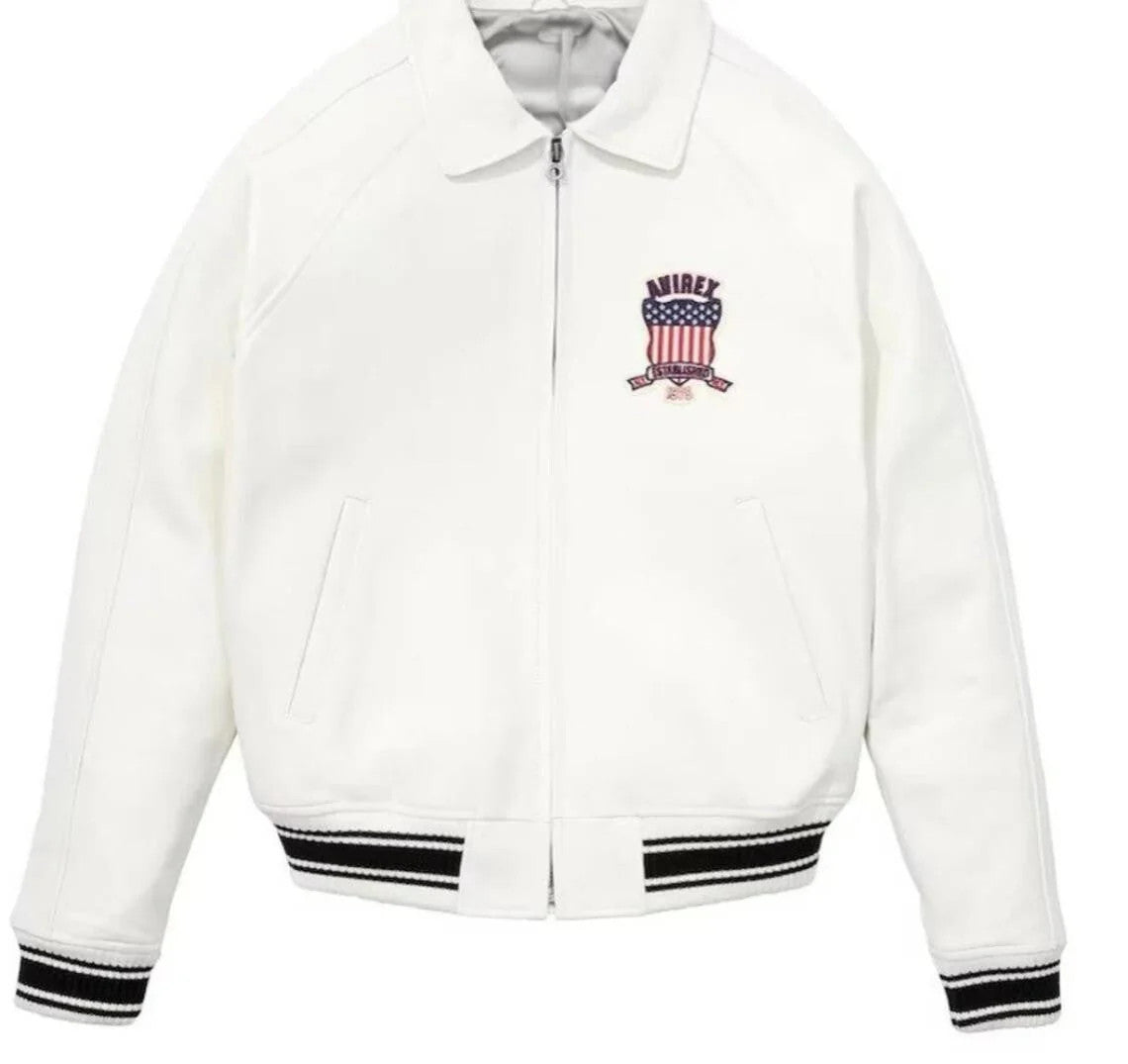 Mens Avirex White Leather Jacket Bomber American Flight Jacket USA