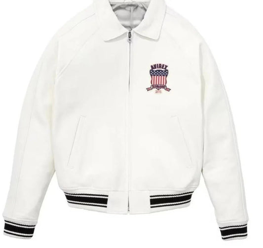 Mens Avirex White Leather Jacket Bomber American Flight Jacket USA