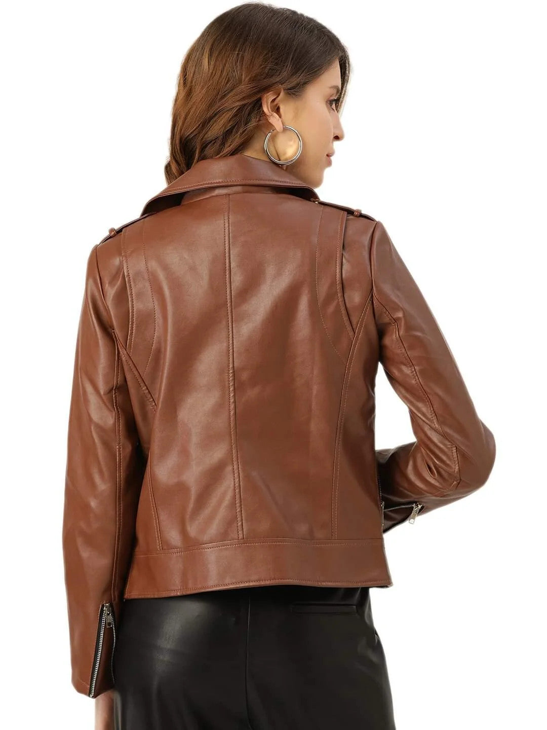 Stylish Lapel Collar Leather Jacket Womens Casual Chocolate Brown