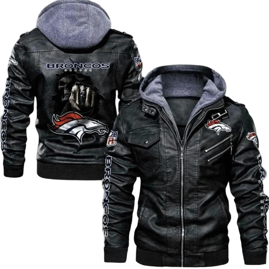 Denver Broncos Hooded Leather Bomber Jacket, NFL Fan Style with Patches