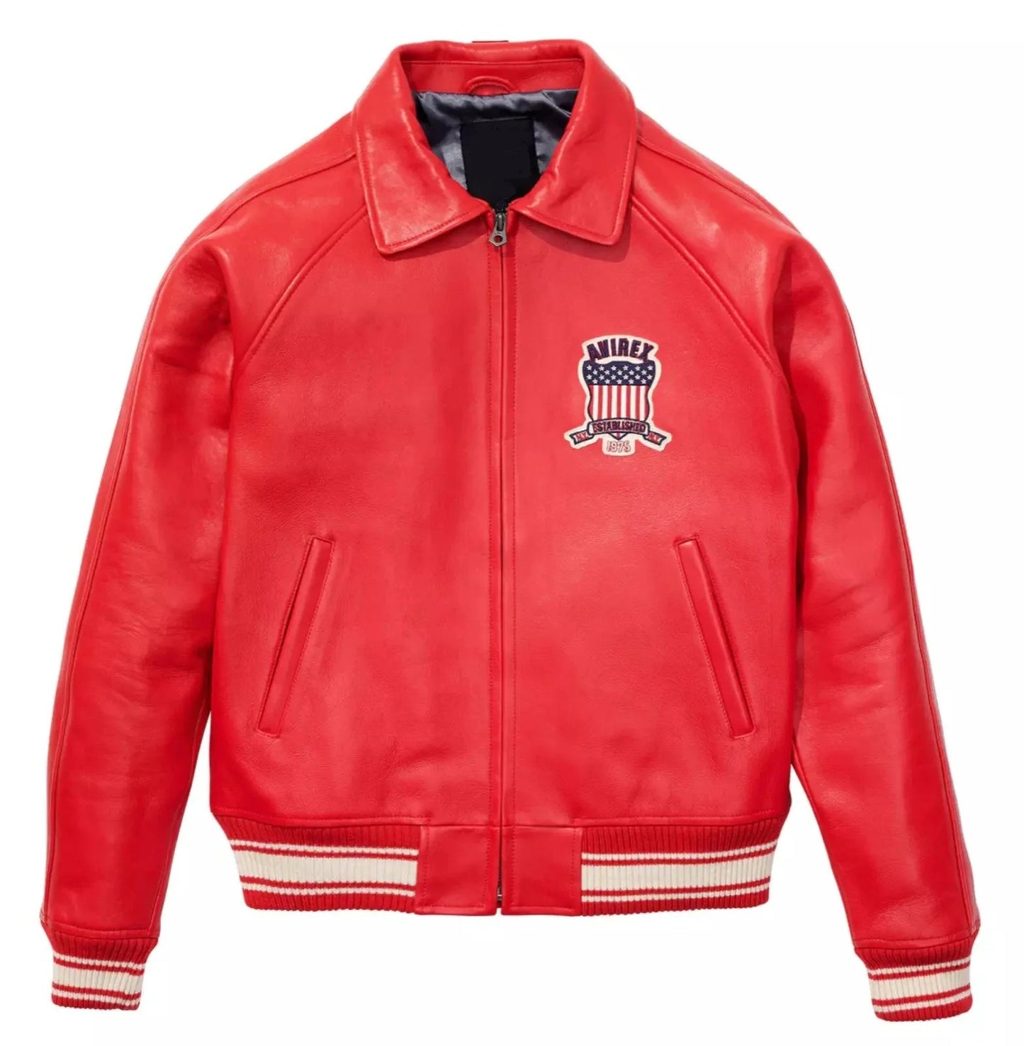 Mens Red Avirex Real Leather Bomber Jacket American Flight Leather Jacket