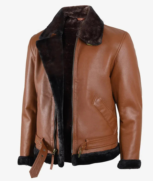 Mens Classic Shearling Leather Aviator, Warm Fur Trimmed Cognac Jacket