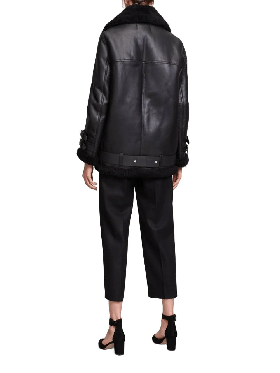 Midnight Maverick Womens Black Shearling Moto Jacket, Buckled and Bold