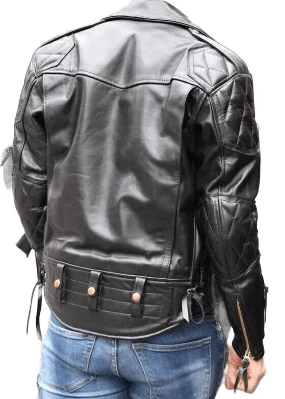 Mens Asymmetrical Slim Fit Full-Zip Quilted Black Biker Leather Jacket