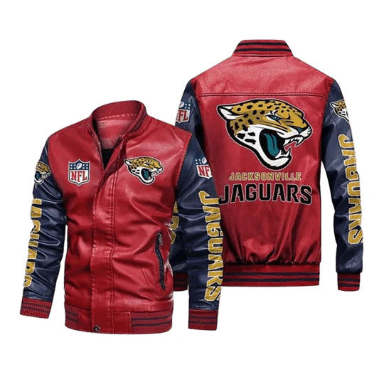 Jacksonville Jaguars NFL Leather Bomber Jacket, Varsity Design with Team Patches