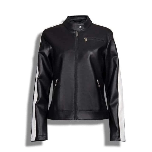 Womens Black Leather Biker Jacket, White Stripes and Zip Pockets