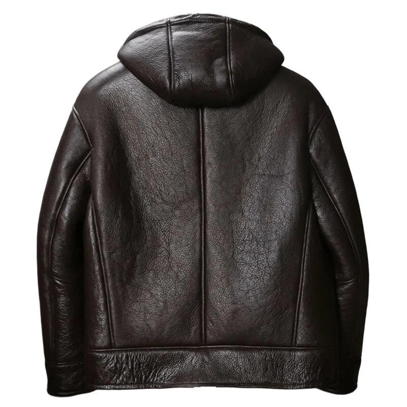 Mens Dark Brown Bomber Sheepskin Leather Hooded Jacket , Cold Weather Outerwear