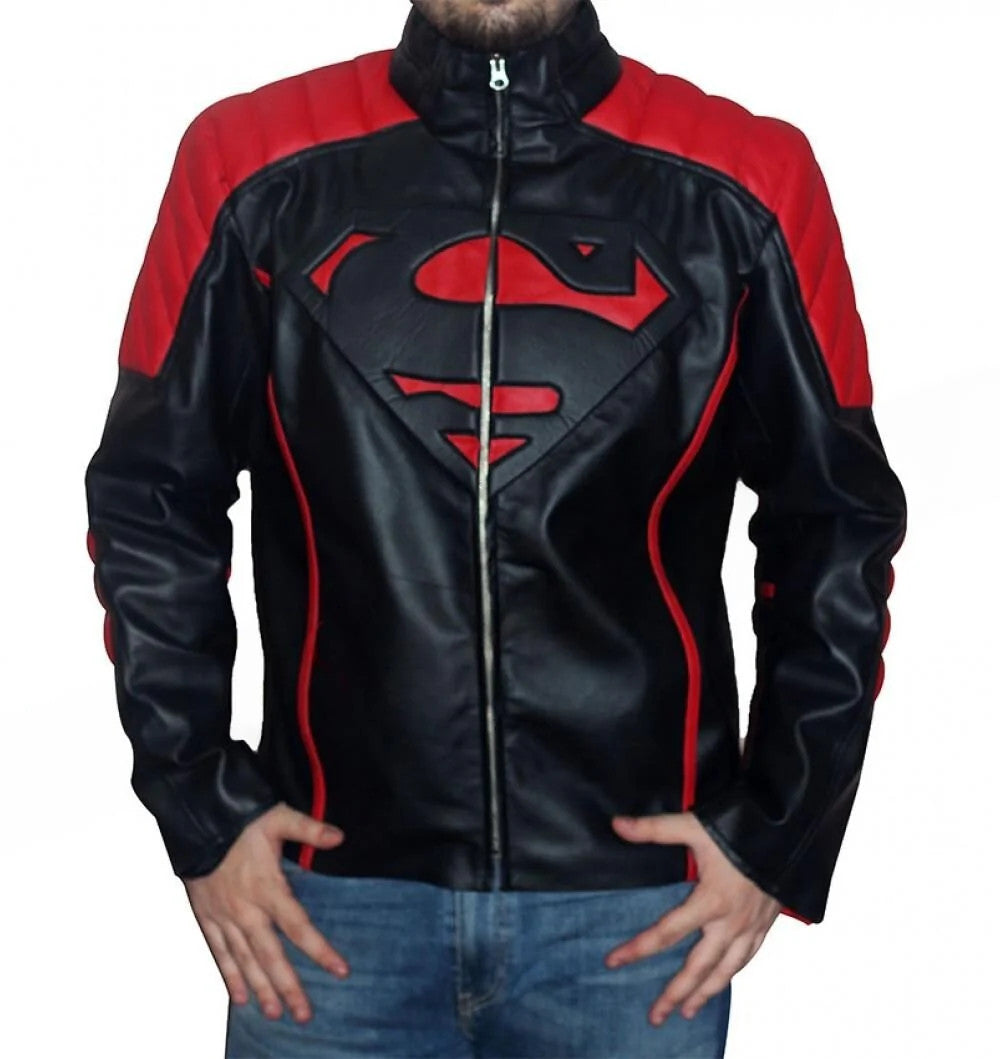 Classy Superman Black Leather Jacket, Red Striped Hero Style