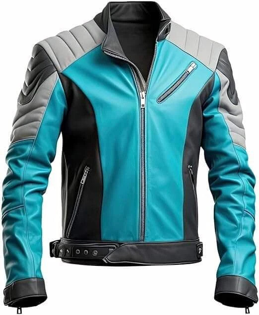 Men’s Turquoise and Black Quilted Biker Bomber Leather Jacket, Slim Fit Style