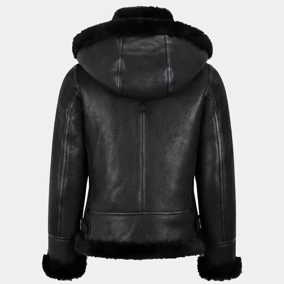 Womens Genuine Leather B3 Black Bomber Jacket Hooded Aviator Coat